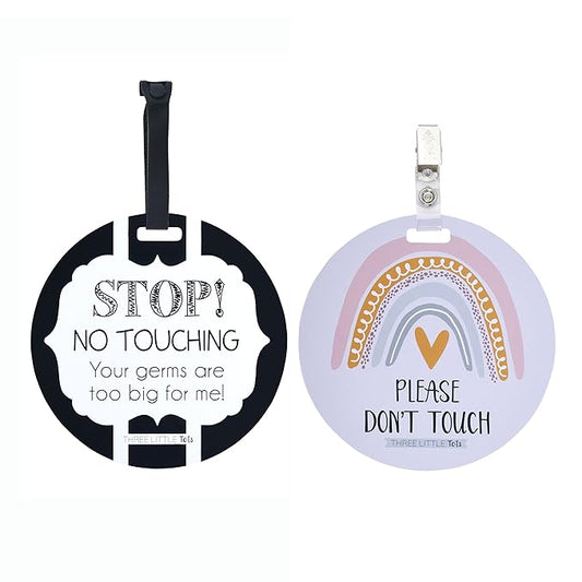 (Three Little Tots) No Touching Baby Car Seat and Stroller Two Pack- Baby Safety No Touching Car Seat Sign, Stroller Sign, Newborn Car Seat Tag- CPSIA Safety Tested (Rainbow/Black & White)