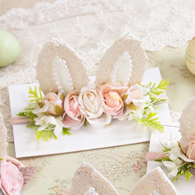 KIDOCHEESE Baby Girl Floral Easter Bunny Ears Headband Rabbit Ears Nylon Hairband for Newborn Infant Toddler Easter Hair Accessories Gift