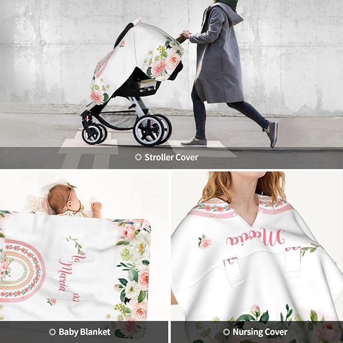 Personalized Baby Car Seat Canopy for Babies, Custom Name Car Seat Covers for Baby Girl, Floral Rainbow Opening Minky Nursing Breastfeeding Cover for Infant, Carseat Canopies for Newborn