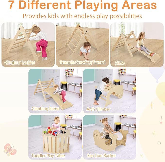 HONEY JOY 7 in 1 Climbing Toys for Toddlers, Wood Triangle Climber w/Ramp for Sliding or Climbing, Rocker, Foldable Montessori Triangle Climbing Arch Set for Daycare, Gym & Playground, Natural