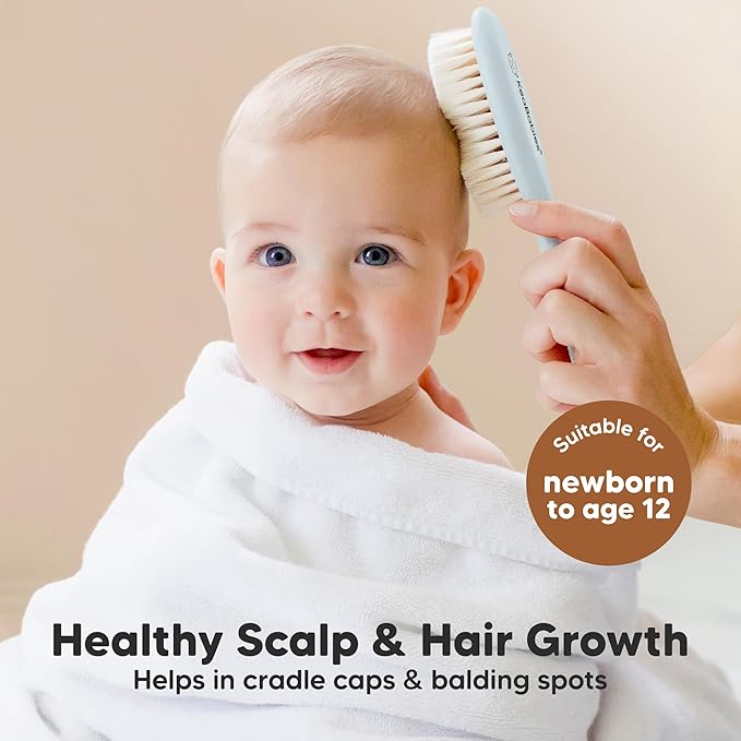 Wooden Baby Hair Brush for Toddler Girls, Boys - Cradle Cap Brush for Babies, Soft Goat Bristles, Perfect Gentle Scalp Newborn Comb for Infant, Girls, Boys, Bath Essentials (Frost, Regular)