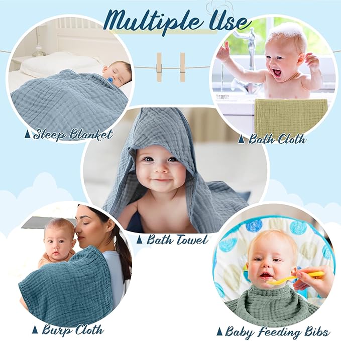 VitalCozy 8 Pcs Baby Muslin Hooded Bath Towels and Washcloths, Muslin Hooded Baby Towels Absorbent Blankets for Gift Newborn Infant Shower (Dark Green,Dark Blue)