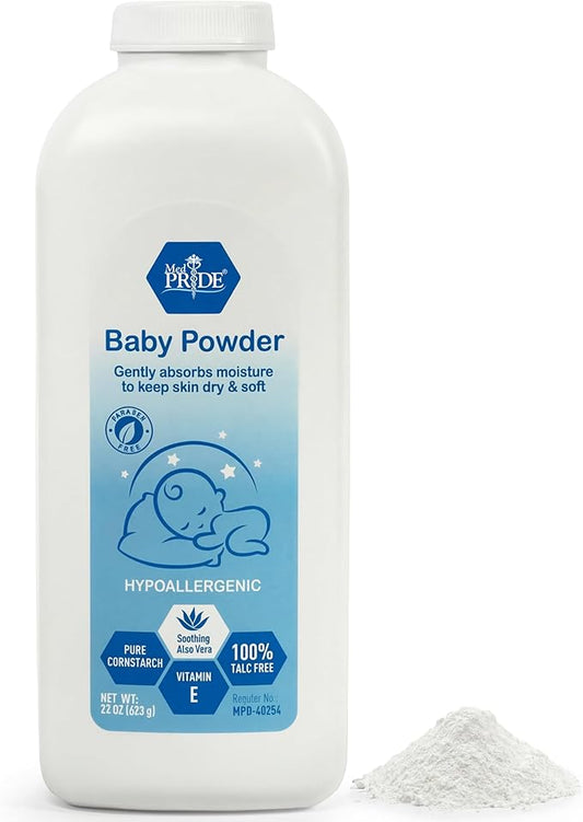 MED PRIDE Baby Powder Talc Free Cornstarch Formula with Aloe Vera and Vitamin E, Hypoallergenic Skin Care for Diaper Changes and Daily Use, 22 Ounce Bottle