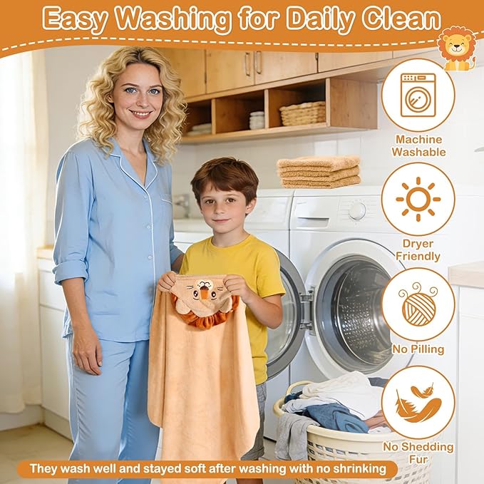 Flasoo 4 Pcs Baby Towels and Washcloths Set, Soft Hooded Bath Towel, 1 Baby Towel and 3 Baby Washcloths for Newborns, Toddlers, and Kids, 32x32 inch Baby Towel with Hood for Boy and Girl (Brown Lion)