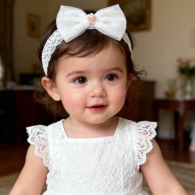 Baby Girls Headband White Bow Lace Headbands Soft Elastic Bowknot Hairbands Cute Hair Accessory for Newborn Kids Infant Toddler Baptism Birthday Party (Pink Flowers)