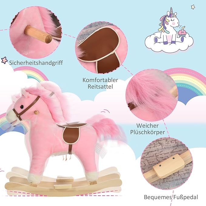 HOMCOM Children's Rocking Horse Baby Rocking Animal Horse with Animal Sounds Toy Handles for 36-72 Months Plush Pink 65 x 32.5 x 61 cm