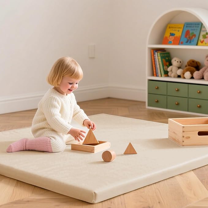 Huloo Sleep Baby Play Mat 50x50 Inches,1.3" Thick Padded Waterproof Floor Cushion & Playpen Mat with Vegan Leather,Non-Slip & Non-Toxic Nursery Rug for Infants, Toddlers & Kids(Beige)