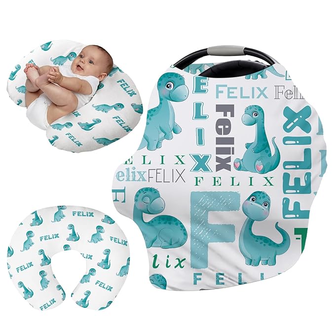 Personalised Car Seat Cover for Girls and Boys - 7 in 1 Multipurpose Breast Feeding Cover, Nursing Cover, Grocery Cart Cover - Birthday Gift for 0-2 Years Babies Green Dinosaur Pattern (27"x29")