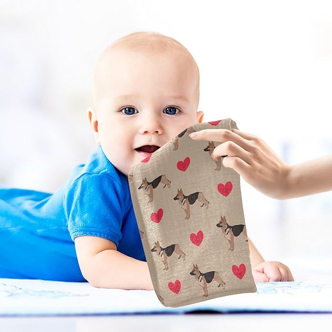 Newborn Face Towel Dog German Shepherd Hearts Soft Cotton Baby Washcloths 11.8 x 11.8 Inch Infants Girls Boys Muslin Burp Cloths 5 Pack