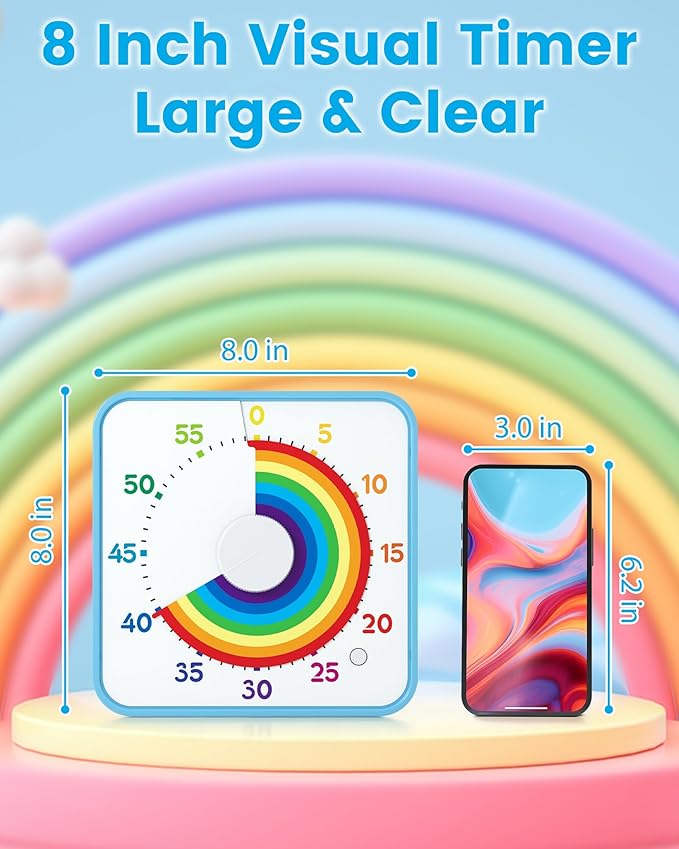 Classroom Timer with 5 Musical Melody Alarms, Large Visual Timer for Teachers, Magnetic & Rainbow Pattern Ideal for Classroom Use & Kids, 8 Inches