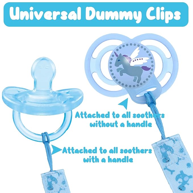 8 Pcs Dummy Clips Girls Baby Pacifier Holder Soother Clip Chain Straps with Plastic Clasp, Silicone Ring Adapter, Fit All Dummies & Soothers & Teething Toys, Newborn Essentials (Blue)