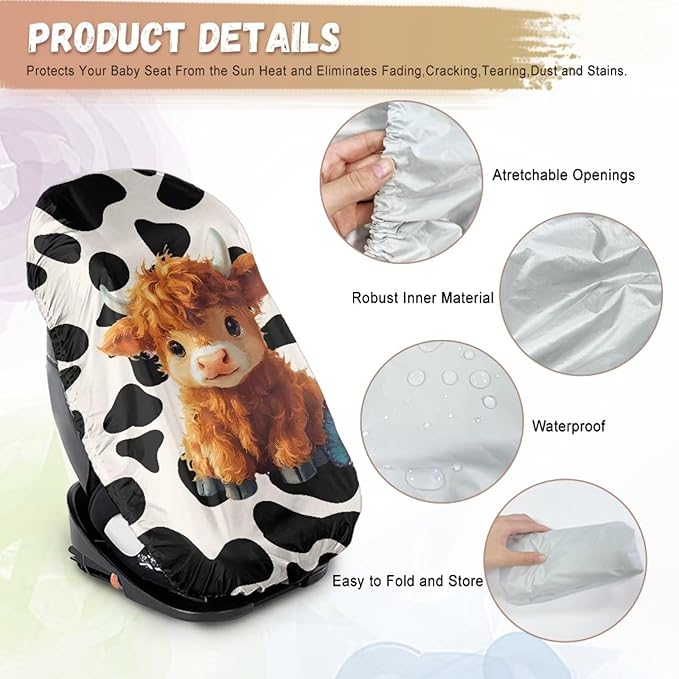 Car Seat Sun Shade Cover Cute Highland Cow Car Seat Protector for Child Car Seat, Universal Fit, Keeps Baby's Carseat at Cooler Temperature, Blocks Out Heat & Sun UV Covers