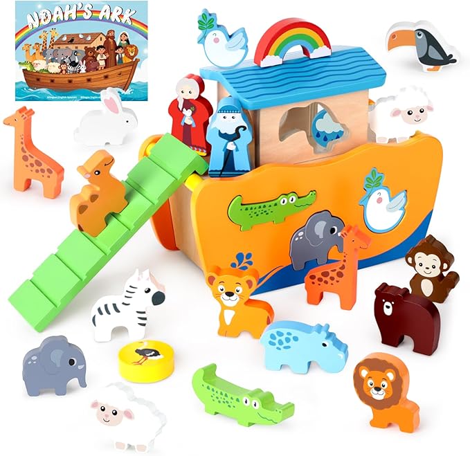 Hoarosall 27-Piece Wooden Noah's Ark Toy for 1-3 Year Olds Baptism Christmas Birthday Gift Bilingual Bible Story Montessori Shape Sorter Christian Educational Toy for Boys Girls