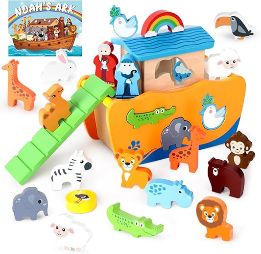 Hoarosall 27-Piece Wooden Noah's Ark Toy for 1-3 Year Olds Baptism Christmas Birthday Gift Bilingual Bible Story Montessori Shape Sorter Christian Educational Toy for Boys Girls