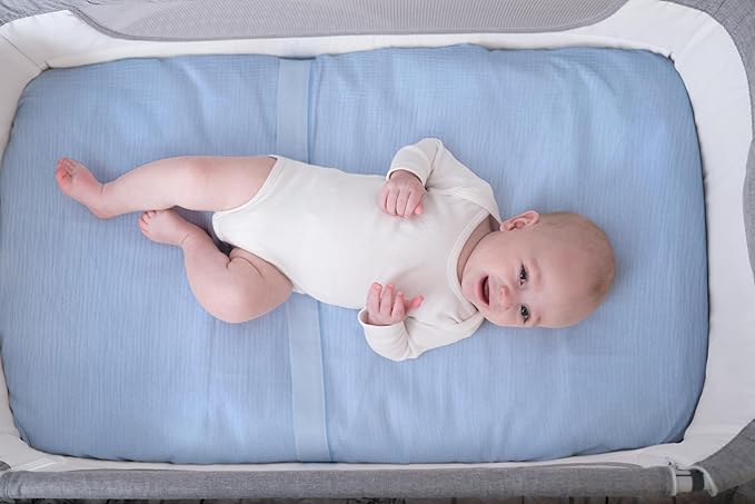 Meracorallo Muslin Mini Crib Sheet, Pack n Play Fitted Sheet, Soft and Breathable Pack and Play Playard Mattress Sheet for Baby Boys and Girls, Sky Blue