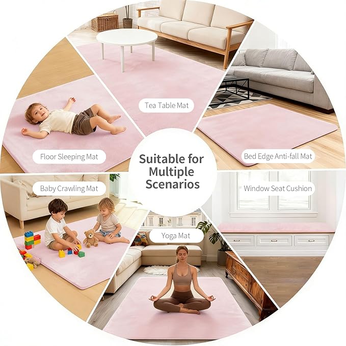 Velvet Baby Play Mat for Floor, 1.3" Thick Elasti-Foam 47"×47" Playpen Mat with Removable & Washable Velvet Cover for Toddler, Infant,Kids, Non-Slip Crawling Mat for Tummy Time (Pink)