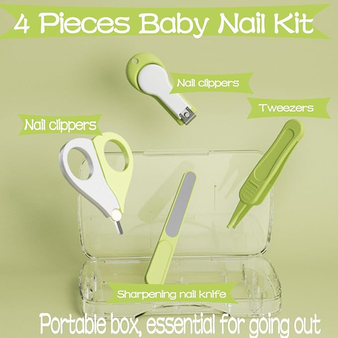 Baby Nail Trimmer, 4-in-1 Baby Nail Clippers Kit,Nail File & Tweezers, Baby Manicure Kit for Newborn, Infant & Toddler, Mothers Day Gifts (Green)