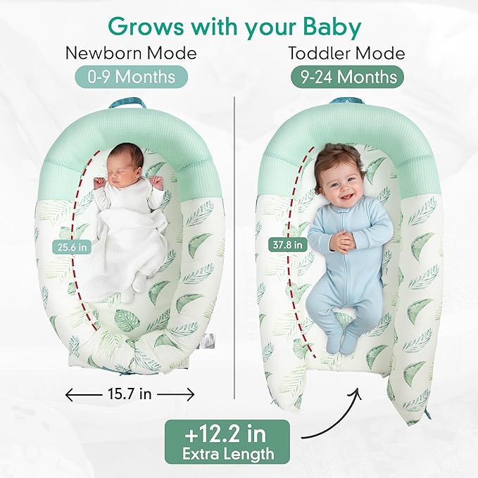 JollyBoo® Deluxe Infant Lounger Pillow - Baby Lounger 0-24 Months | Bamboo-Cotton Portable Baby Nest with Foldable Sunshade & 2 Plush Toys | Soft, Breathable Mesh for Cool, Safe Rest (Green Leaves)