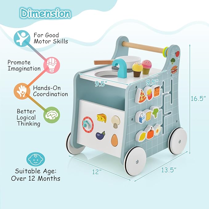 HONEY JOY Baby Push Walker, 6-in-1 Wooden Play Kitchen Walker Activity Center w/Shape Sorter & Blackboard, Develop Motor Skills, Push Toys for Babies Learning to Walk, Gift for Boys and Girls (Blue)