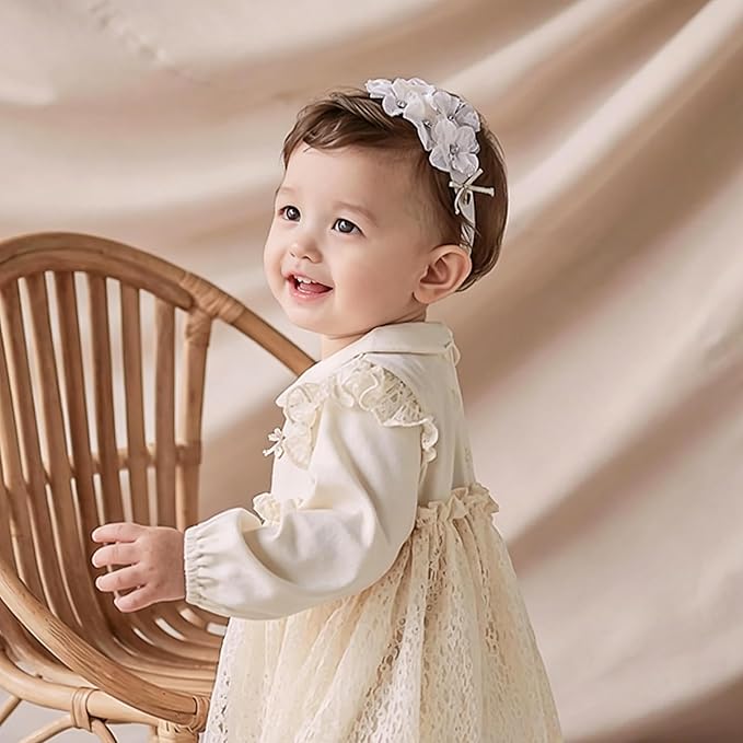 Baby Girls Hairband White Bow Lace Headbands Handmade Soft Stretchy Wide Head Band Newborn Hairbands with Bows Pearls Elastic Headband for Infant Hair Accessories（White Lace Flower）