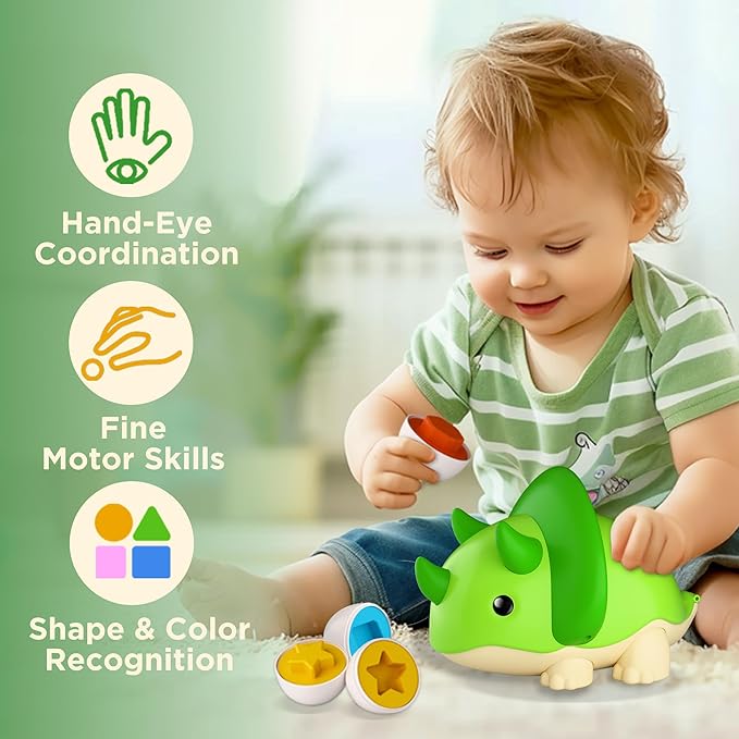 iPlay, iLearn Toddler Dinosaur Matching Egg Toy, Shape Sorter Match Game, Fine Motor Sensory Development Montessori Learning Toy, Birthday Stocking Gift 18 24 Month Infant 2 3 4 Year Old Kids Boy Girl