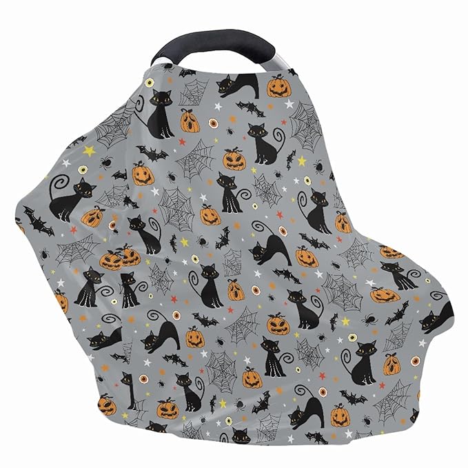Coldinair Black Cat Print Nursing Cover Baby Breastfeeding Cover for Infant Feeding Cover Breathable Privacy Breast Feeding Cover Carseat Canopy Cover with Halloween Pumpkin Bat and Cobweb Pattern
