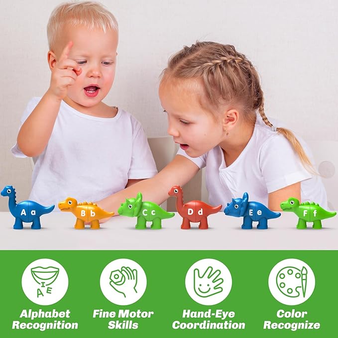 26PCS Dinosaur Alphabet Learning Toys for Kids Ages 3-5, Double-Sided ABC Matching Game with Uppercase Lowercase, Montessori Educational Fine Motor Toys, Preschool Sensory Sorting Toy Gift