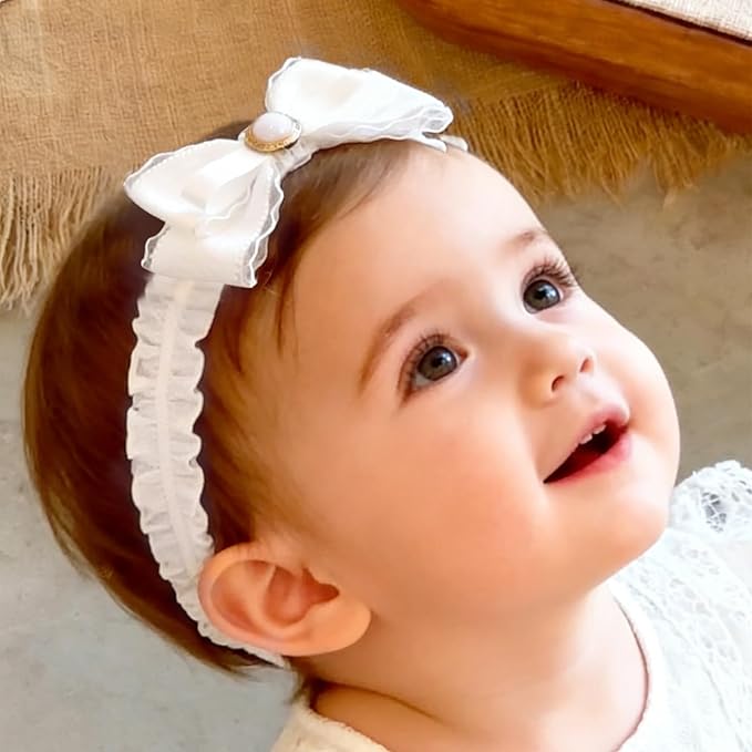 Baby Girls Headband White Bow Lace Headbands Soft Elastic Bowknot Hairbands Cute Hair Accessory for Newborn Kids Infant Toddler Baptism Birthday Party (Bow B)