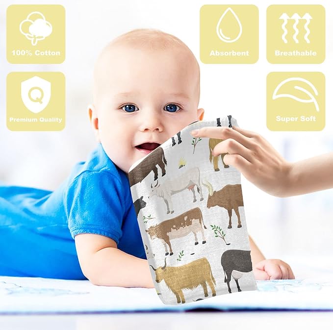 Baby Washcloths Cotton Bulls Cows Cattle Baby Muslin Washcloths Soft Baby Face Towel for Newborn Infants Baby Wipes, 11.8 X 11.8 Inch, 5 Pack White
