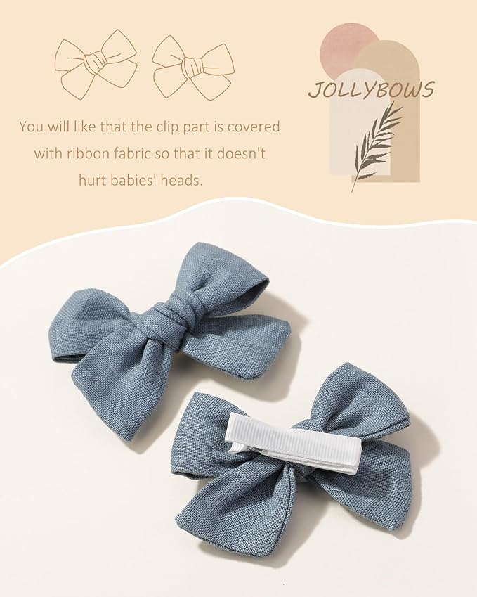 Jollybows 2pcs 3.2" Hair Bows Clips for Baby Girl Toddler Pigtail Neutral Linen Hair Clip Bows -Blue Denim