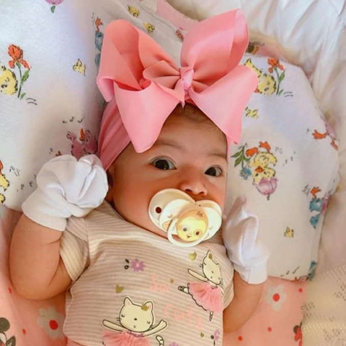 3 Pcs Baby Girls Headband Bows, Soft Nylon Hairbands Cute Big Bow Super Elastic Headband For Baby Girls Newborn Infant Toddlers (Beige Blush Light Pink, Large)