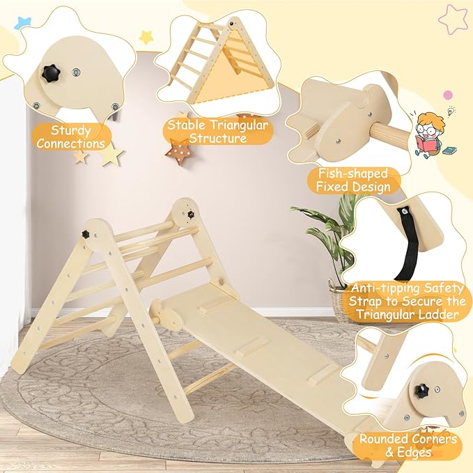 HONEY JOY Climbing Toys for Toddlers, 4 in 1 Foldable Wooden Montessori Kids Triangle Climber, Double Side Ramp & Climber, Baby Learning Indoor Climbing Ladder Gym for Boys Girls (Natural)