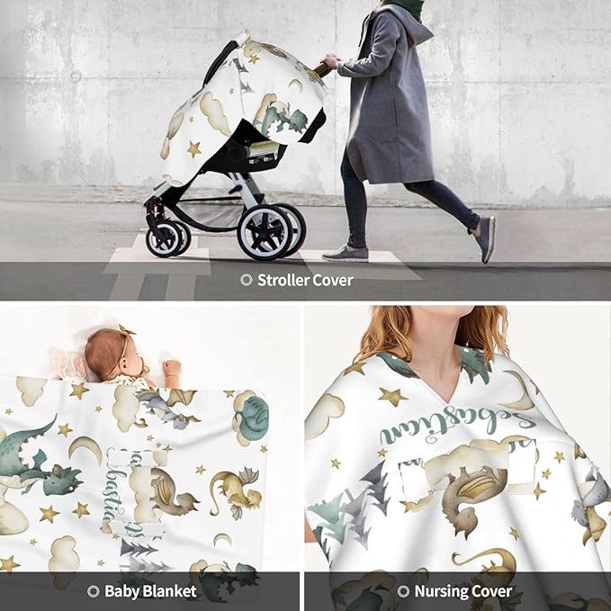 Custom Baby Name Nursing Cover Flying Dragon Design – Personalized Car Seat Canopy for Boy, Stroller Cover, Baby Minky Blanket, Privacy Breastfeeding Cover, Soft Breathable Infant Shower Gift