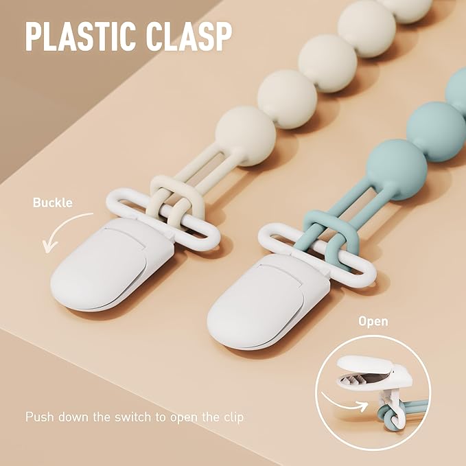 Cuddle Campus Silicone Pacifier Clip Holder with One Piece Design, Pack of 5 Soft Flexible Binky Clips for Baby Boy and Girl Set 1((3M+ Plastic Clip)