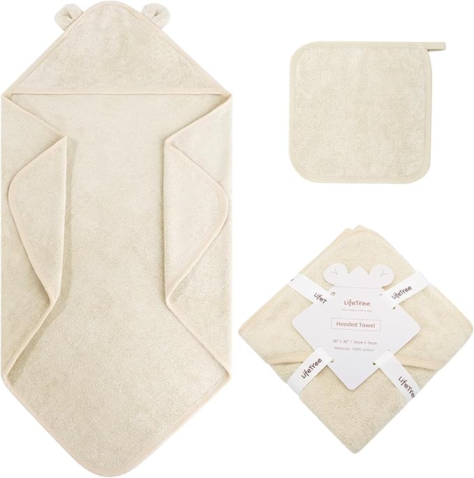LifeTree 1 Pack Baby Hooded Towel with 1 Pack Washcloth for Newborn, 100% Cotton Bath Towel for Babies, Infant, Toddler and Kids, Thick,Soft and Absorbent, 30 * 30 Inches, Newborn Essentials, Khaki