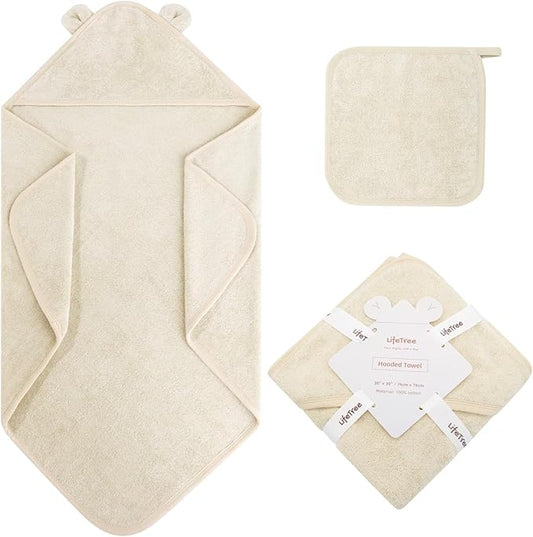 LifeTree 1 Pack Baby Hooded Towel with 1 Pack Washcloth for Newborn, 100% Cotton Bath Towel for Babies, Infant, Toddler and Kids, Thick,Soft and Absorbent, 30 * 30 Inches, Newborn Essentials, Khaki