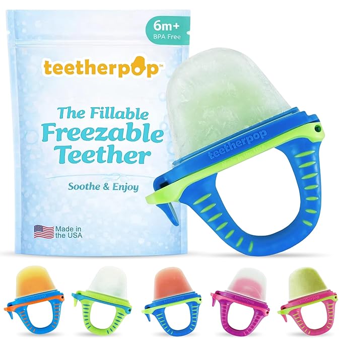 Teetherpop Fillable Freezable Teethers for Babies - Breastmilk Teether with Spill-Proof Sippy Slits – Teething Popsicle for Baby, Liquids & Purées, Cooling Teething Relief Feeder Pacifier - BlueLime