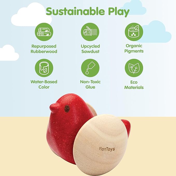 PlanToys® Wooden Bird Roller Toy | Montessori Inspired Rolling Toy for Crawling, Visual Tracking & Motor Skill Development | Eco Friendly Push & Chase Activity for Babies