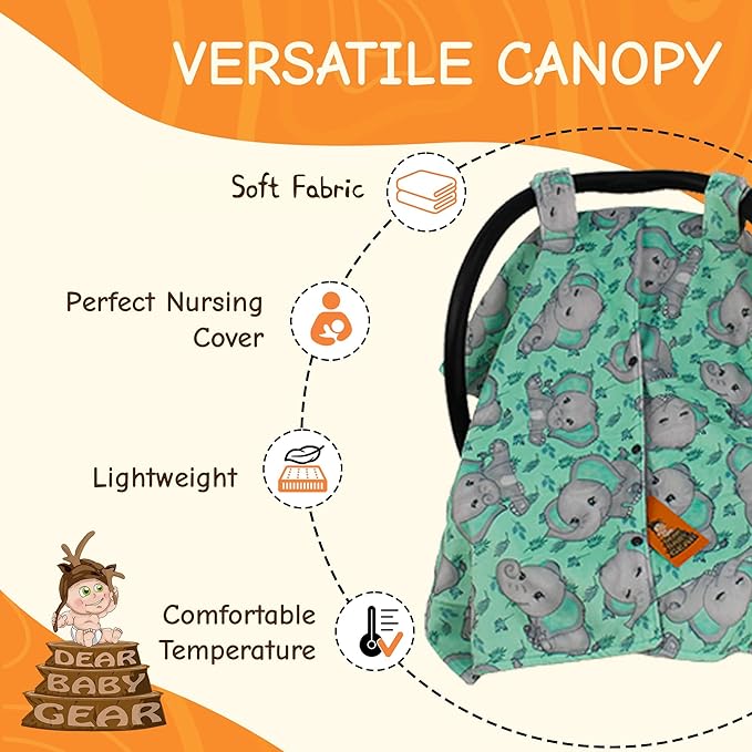 Dear Baby Gear Car Seat Cover for Boys & Girls - Baby Carseat Canopy w/Snap Opening - Infant Seat Cover - Nursing Covers - Newborn Carrier Canopy - 40x30 (Gray Elephants on Mint Foliage - Gray)