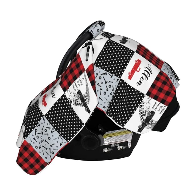 Personalized Trucks Baby Car Seat Canopy for Babies with Name, Custom Mechanic Car Seat Covers for Boys, Peekaboo Opening Minky Nursing Cover Infant Car Seat Canopies for Newborn