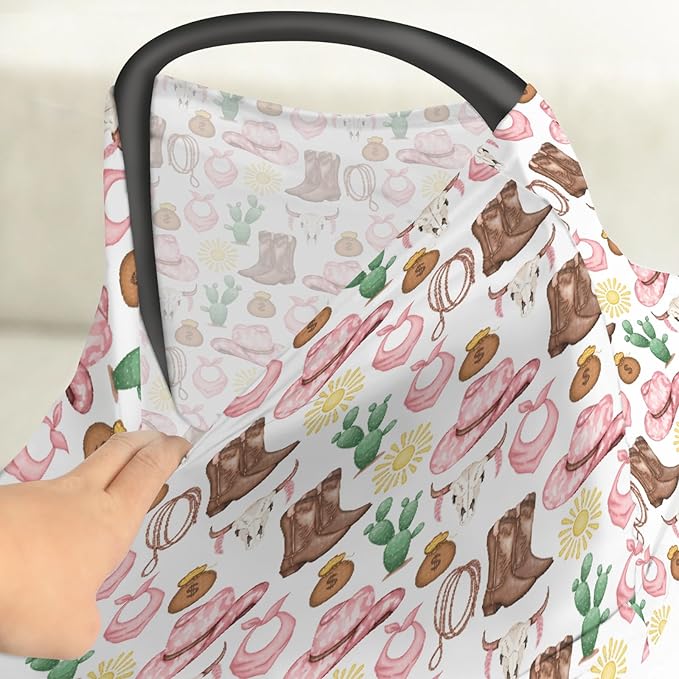 Pink Western Cowgirl Baby Car Seat Covers for Girl Cute Cowgirls Boots Hat Horse Cactus Sun Cow Skulls Stretchy 5-in-1 Cover Country Adjustable Car Canopy Cover Wild West Breathable Nursing Cover-Up