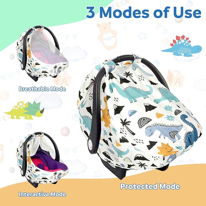 Dinosaurs Carseat Cover Baby Infant Car Seat Canopy Breathable Cotton Extra Large Mesh Window Windproof Newborn Stroller Baby Carrier Cover for Boys and Girls Shower Gifts All Seasons