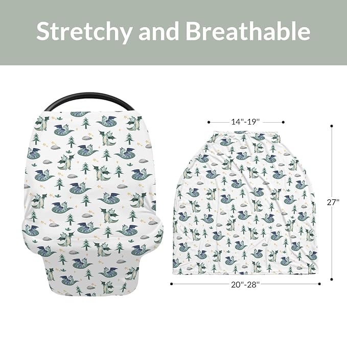 Fairytale Dragon Trees Stars Baby Car Seat Covers Cute Dragons Green Stretchy 5-in-1 Cover Adjustable Infant Carseat Canopy Cover Fantasy Animal Breathable Nursing Cover-Up