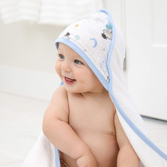 aden + anais Essentials Hooded Baby Bath Towel, Super Soft 100% Cotton, 2 Pack, Space Explorers