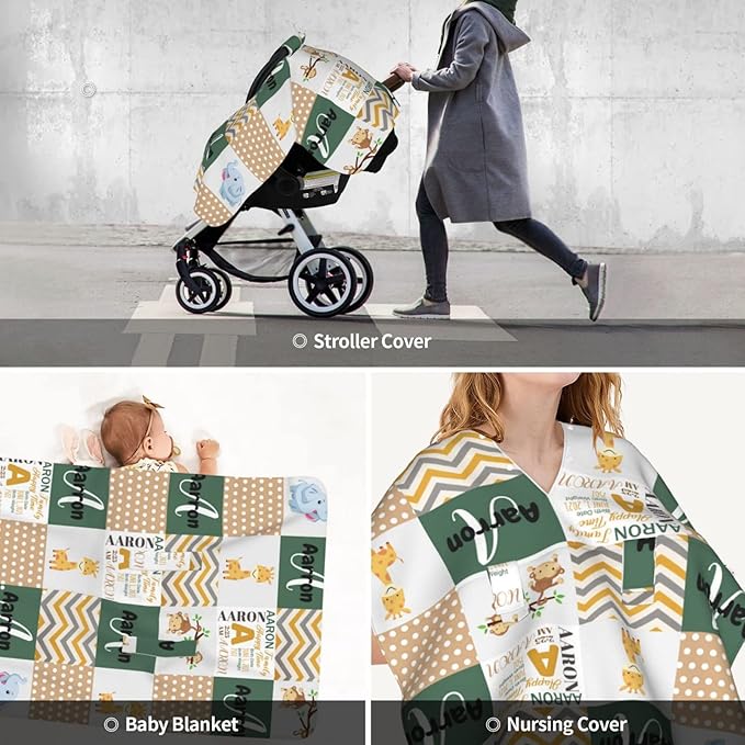 Personalized Zoo Animals Elephant and Giraffe Baby Infant Car Seats Canopy for Babies with Name, Multi-use Blankets for Baby Boys Girls, Peekaboo Minky Nursing Stroller Cover Canopies for Newborn
