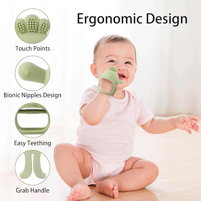 2 Pack Baby Teether Toy, BPA Free Silicone Mitten Glove Teether for Sucking Needs, Baby Teething Toys 0-3-6-12 Months, Hand Pacifier Chew Toys for Teething Pain Relief (Green & Beige)
