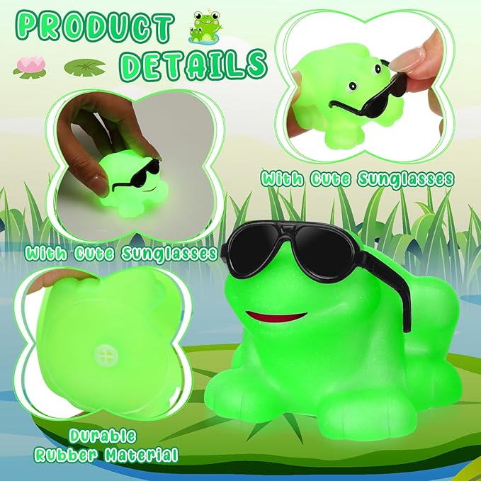 Halloscume 24 Pack Rubber Frogs Squeak and Floating Mini Glow in The Dark Frogs with Glasses Cute Swimming Bathtub Toy for Spring Party Favor