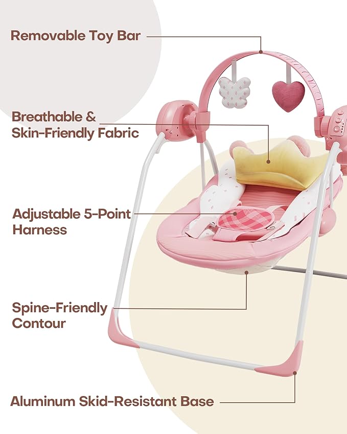 Baby Swings for Infants, Baby Girl Swing for Newborn, Portable Infant Swing with Music, Adaptable Speed, Timing, Soft Cushion, 0-9 Months 20 lbs(Pink)
