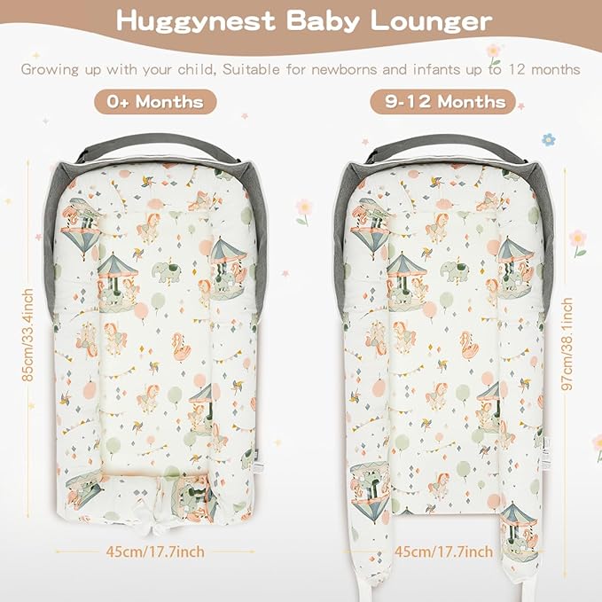 Baby Lounger, Portable Infant Lounger for Newborn, Adjustable Size Baby Nest for Infant 0-24 Months - Carousel