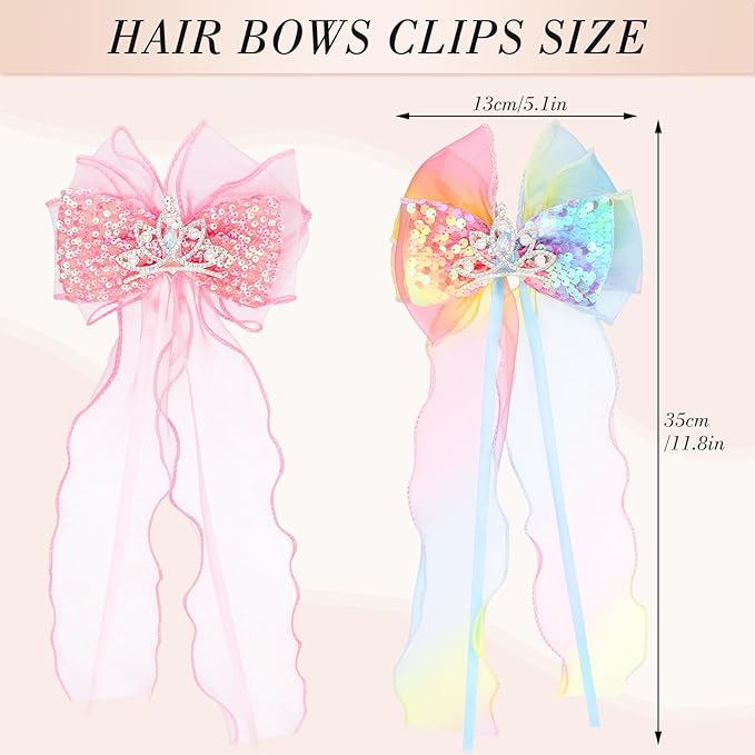 2 Pcs Princess Hair Bows for Girls, Colorful Ribbon Hair Clips Alligator Clips Daughter Valentines Day Gifts